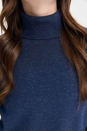 Kadın Tam Balıkçı Yaka Dikişsiz Kazak Lacivert