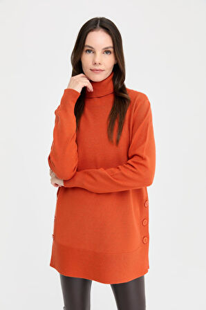 Kadın Tam Balıkçı Yaka Dikişsiz Kazak Portakal
