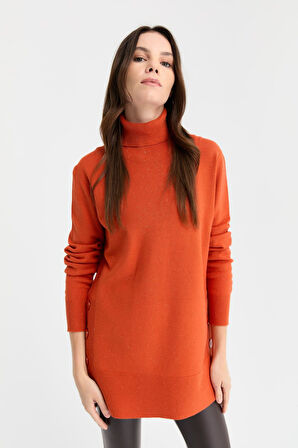 Kadın Tam Balıkçı Yaka Dikişsiz Kazak Portakal