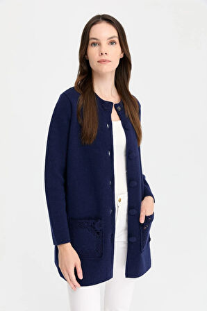 Kadın Dik Yaka Araboy Yün Hırka Y.A Lacivert