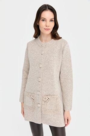 Kadın Dik Yaka Araboy Yün Hırka V.Bej