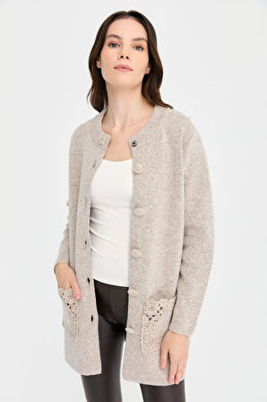 Kadın Dik Yaka Araboy Yün Hırka V.Bej