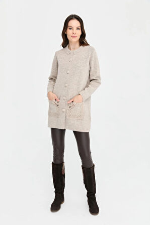 Kadın Dik Yaka Araboy Yün Hırka V.Bej