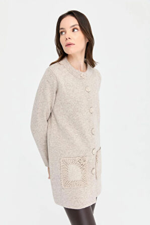 Kadın Dik Yaka Araboy Yün Hırka V.Bej