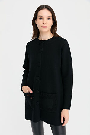 Kadın Dik Yaka Araboy Yün Kaban Siyah