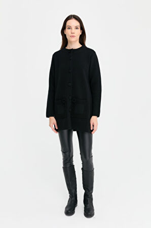 Kadın Dik Yaka Araboy Yün Kaban Siyah