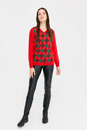 Kadın V Yaka Baklavalı Yün Kazak Mercan