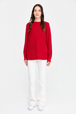 Kadın Sıfır Yaka Yırtmaçlı Kazak Kırmızı