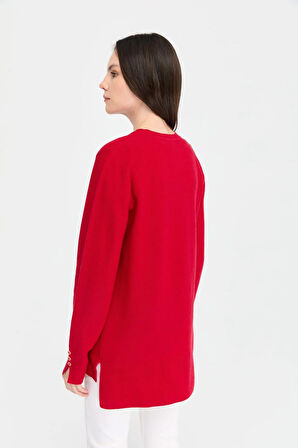 Kadın Sıfır Yaka Yırtmaçlı Kazak Kırmızı