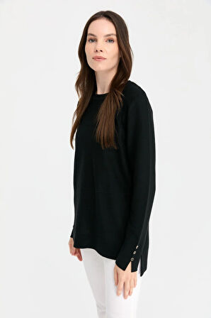 Kadın Sıfır Yaka Yırtmaçlı Kazak Siyah