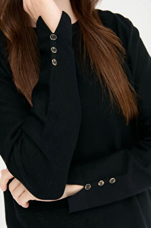 Kadın Sıfır Yaka Yırtmaçlı Kazak Siyah