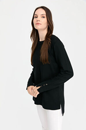 Kadın Sıfır Yaka Yırtmaçlı Kazak Siyah