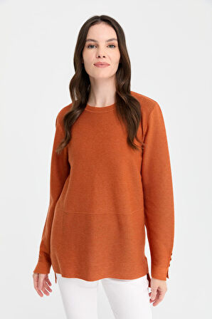 Kadın Sıfır Yaka Yırtmaçlı Kazak Turuncu