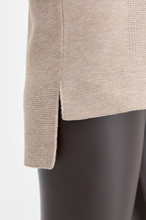 Kadın Sıfır Yaka Yırtmaçlı Kazak Vizon