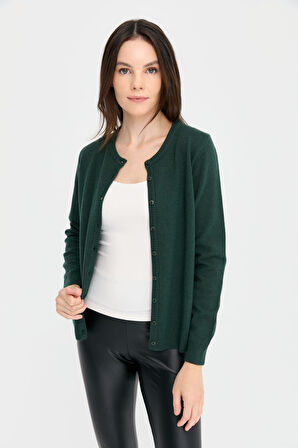 Kadın Sıfır Yaka Triko Yün Hırka Yeşil