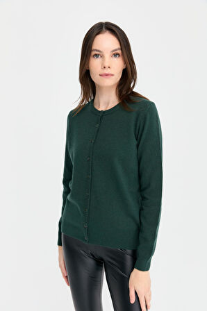 Kadın Sıfır Yaka Triko Yün Hırka Yeşil