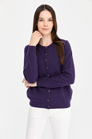 Kadın Sıfır Yaka Triko Yün Hırka K.Mor