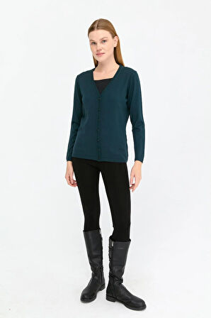 Kadın Likralı Basic Uzun Kollu V Yaka Hırka Petrol