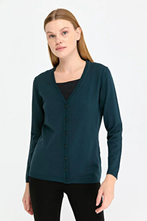 Kadın Likralı Basic Uzun Kollu V Yaka Hırka Petrol