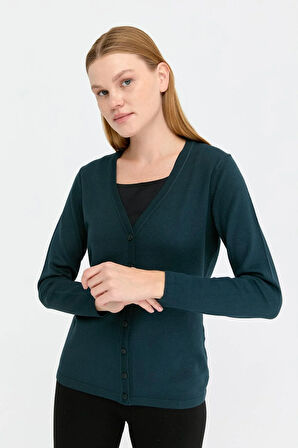 Kadın Likralı Basic Uzun Kollu V Yaka Hırka Petrol