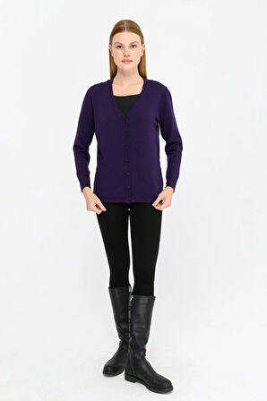 Kadın Likralı Basic Uzun Kollu V Yaka Hırka K.Mor