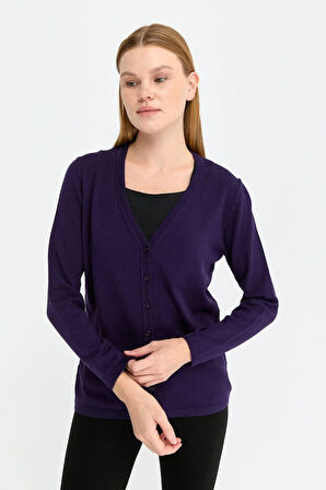 Kadın Likralı Basic Uzun Kollu V Yaka Hırka K.Mor