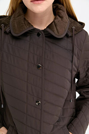 Kadın Kapüşonlu Enine Çizgili Araboy Kapitone Kaban Kahve