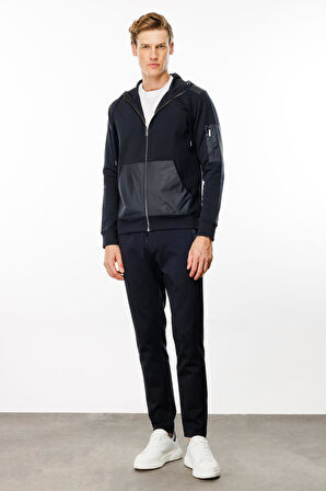 Erkek Kapüşonlu Kanguru Cepli Eşofman Üstü Lacivert