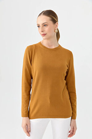 Kadın Likralı Uzun Kol Basic Sıfır Yaka Bluz Hardal