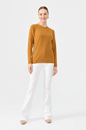 Kadın Likralı Uzun Kol Basic Sıfır Yaka Bluz Hardal