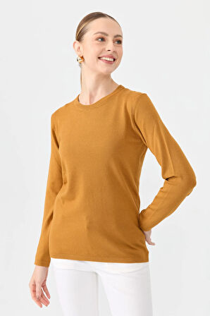 Kadın Likralı Uzun Kol Basic Sıfır Yaka Bluz Hardal