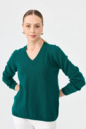 Kadın V Yaka Klasik Yün Kazak K.Ö.başı