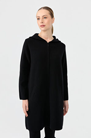 Kadın Kapüşonlu Fermuarlı Basic Uzun Yün Hırka Siyah