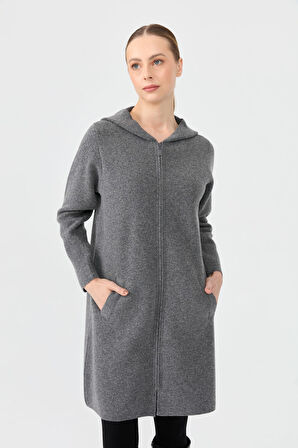 Kadın Kapüşonlu Fermuarlı Basic Uzun Yün Hırka Füme