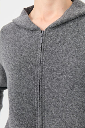 Kadın Kapüşonlu Fermuarlı Basic Uzun Yün Hırka Füme