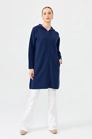 Kadın Kapüşonlu Fermuarlı Basic Uzun Yün Hırka İndigo