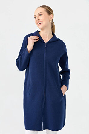 Kadın Kapüşonlu Fermuarlı Basic Uzun Yün Hırka İndigo