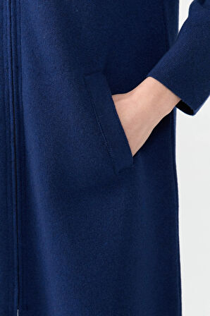 Kadın Kapüşonlu Fermuarlı Basic Uzun Yün Hırka İndigo