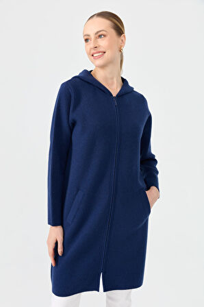 Kadın Kapüşonlu Fermuarlı Basic Uzun Yün Hırka İndigo
