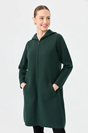 Kadın Kapüşonlu Fermuarlı Basic Uzun Yün Hırka Yeşil