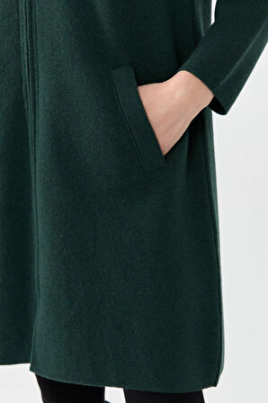 Kadın Kapüşonlu Fermuarlı Basic Uzun Yün Hırka Yeşil