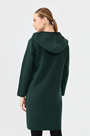 Kadın Kapüşonlu Fermuarlı Basic Uzun Yün Hırka Yeşil