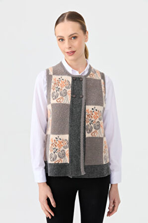 Kadın Sıfır Yaka Patchwork Arkası Keçe Kısa Yün Yelek Füme