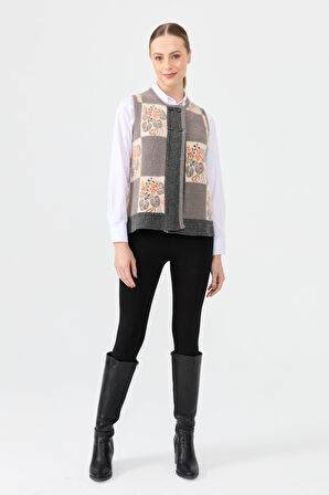 Kadın Sıfır Yaka Patchwork Arkası Keçe Kısa Yün Yelek Füme