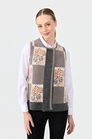 Kadın Sıfır Yaka Patchwork Arkası Keçe Kısa Yün Yelek Füme