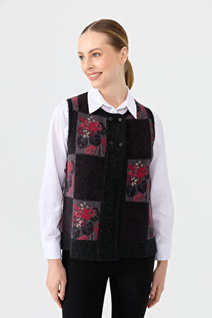 Kadın Sıfır Yaka Patchwork Arkası Keçe Kısa Yün Yelek Siyah