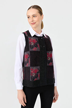 Kadın Sıfır Yaka Patchwork Arkası Keçe Kısa Yün Yelek Siyah