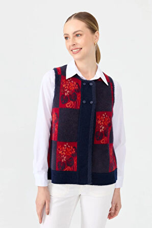Kadın Sıfır Yaka Patchwork Arkası Keçe Kısa Yün Yelek Y.A Lacivert