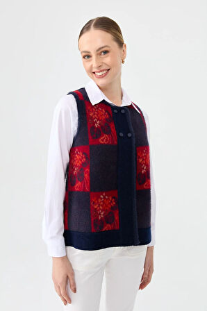 Kadın Sıfır Yaka Patchwork Arkası Keçe Kısa Yün Yelek Y.A Lacivert