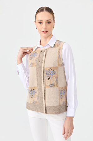 Kadın Sıfır Yaka Patchwork Arkası Keçe Kısa Yün Yelek Bej